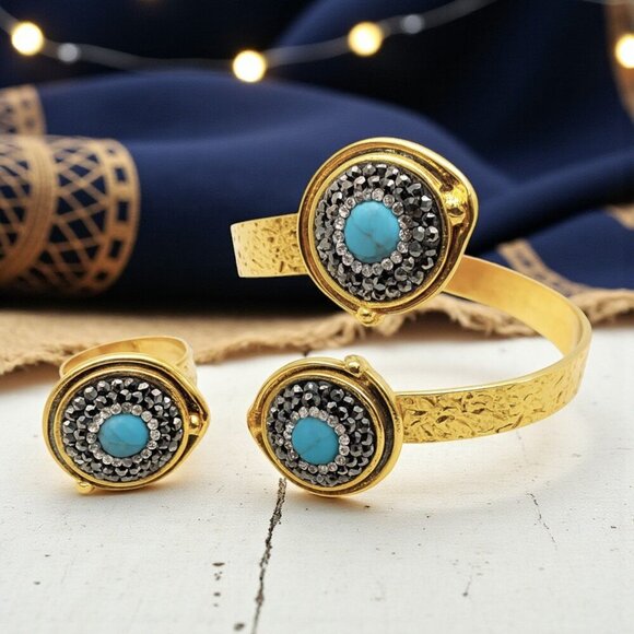 ๐ Boho Chic 18K Gold Plated Cuff & Ring Set With Turquoise & Hematite Stones - Picture 8 of 12